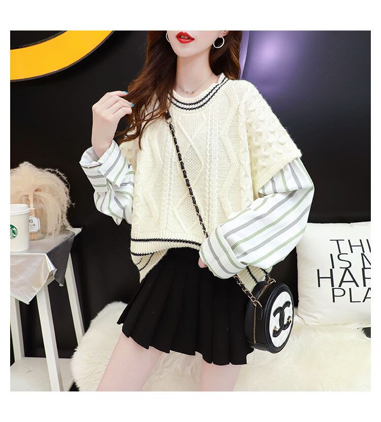 【tops】好感度UPスウィートラウンドネックシャツ切り替えセーター4色