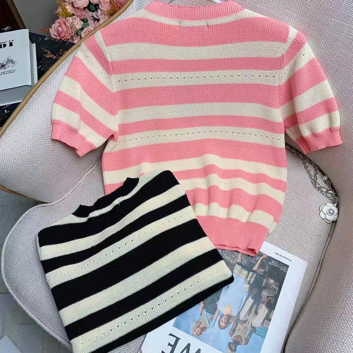 【Tops】ボーダー柄半袖ニット W12663