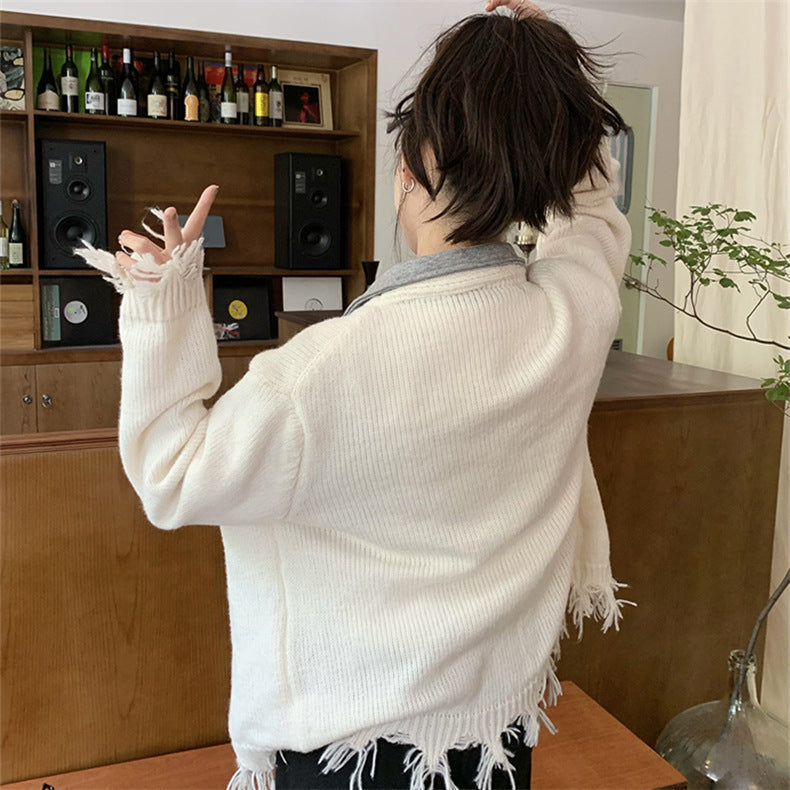 【Outer】体型カバー大人カジュアル春秋フェイクレイヤード人気ニットカーディガン Z-4641