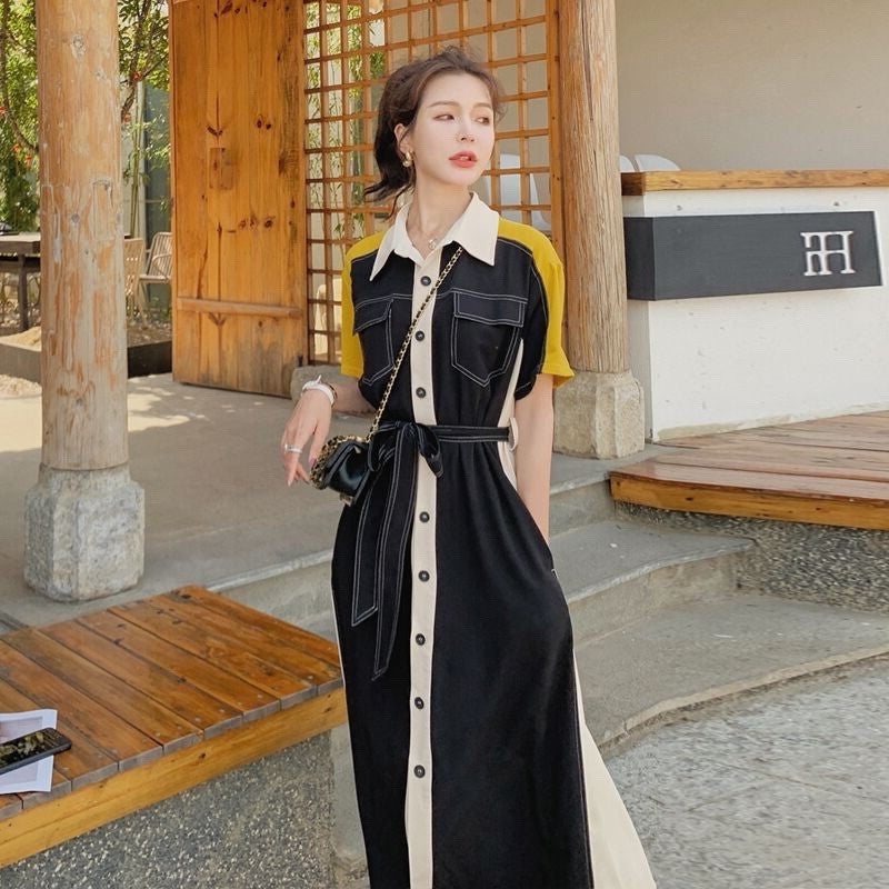 【Dress】着回し抜群~レディース配色ハイウエストAライン半袖マキシ丈シャツワンピース Z-3001