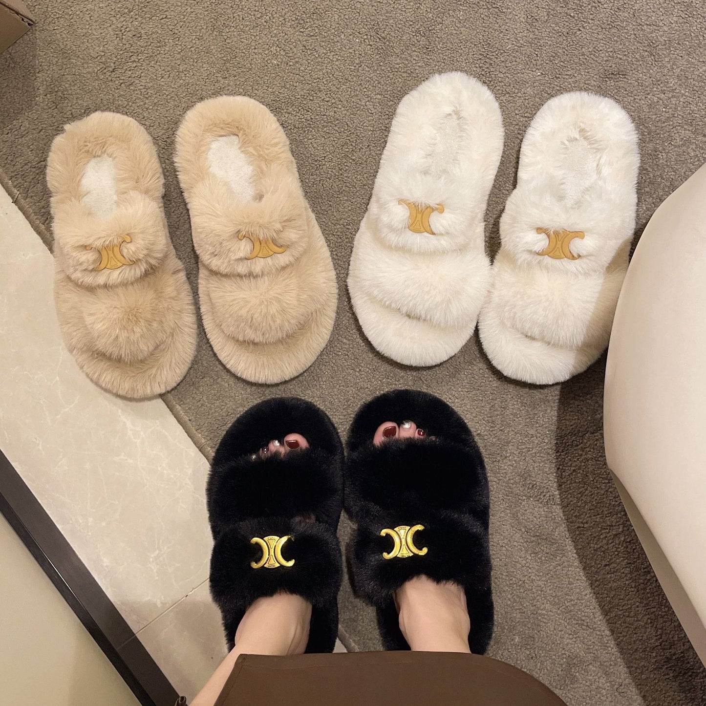 【Shoes】可愛いファースリッパ W9986
