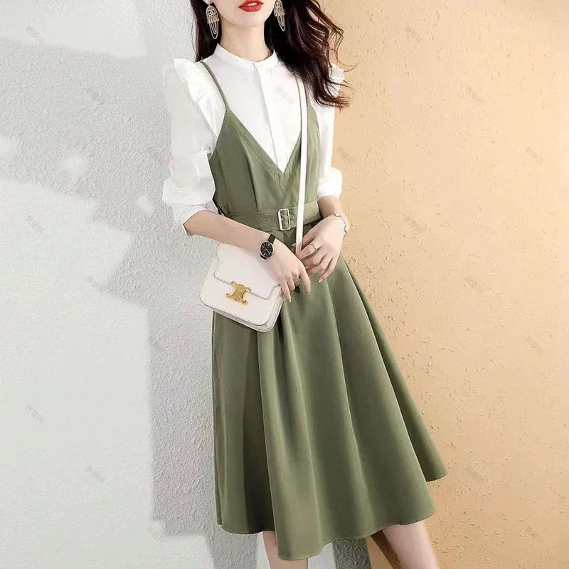 【Dress】フェイクレイヤードシャツワンピース W8694