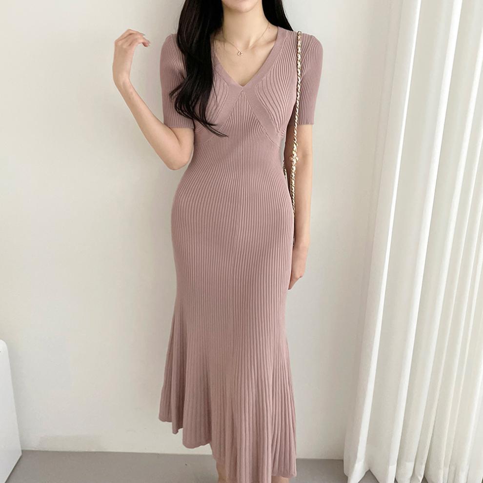 【Dress】大人シンプル無地vネック半袖マーメイドワンピース Z-5672