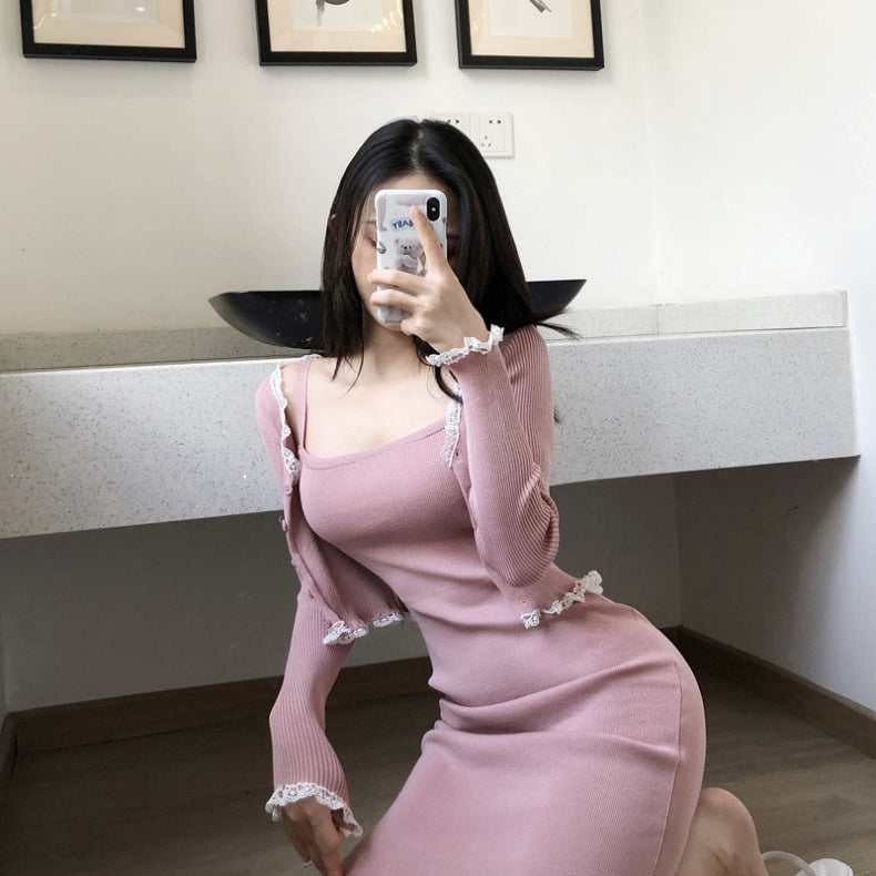 【Set】ニットセットカーディガン+キャミワンピ W10479