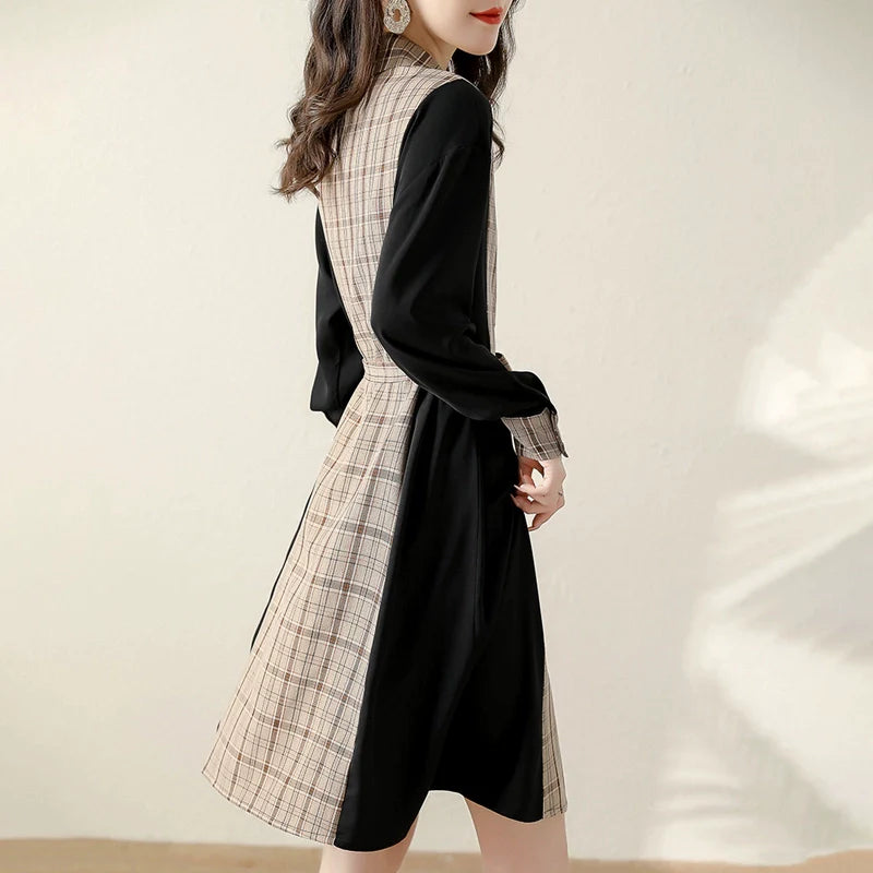 【Dress】チェック柄切替シャツワンピース W8750