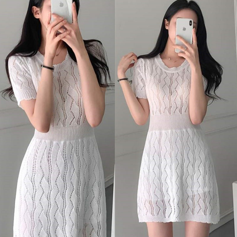 【Dress】2色展開~韓国ファッションins風Aライン半袖ニットワンピース着痩せ Z-5065