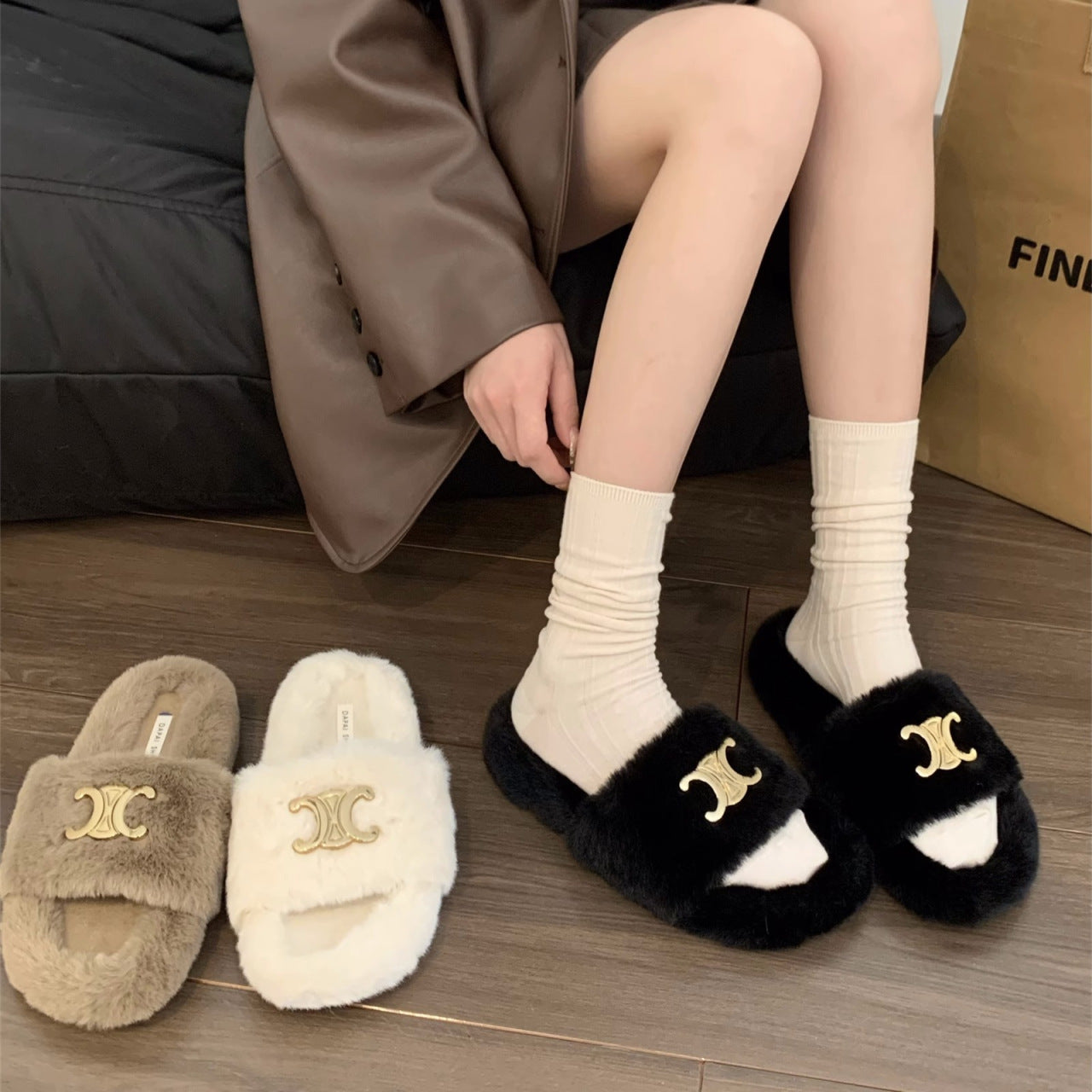 【Shoes】可愛いファースリッパ3色展開 Z-6429