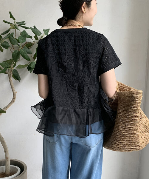 【Tops】スプライシングオーガンザTシャツ T01689