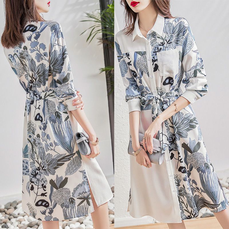 【Dress】オシャレ度満点~オフィスカジュアル春秋Aライン花柄シャツワンピース Z-4887