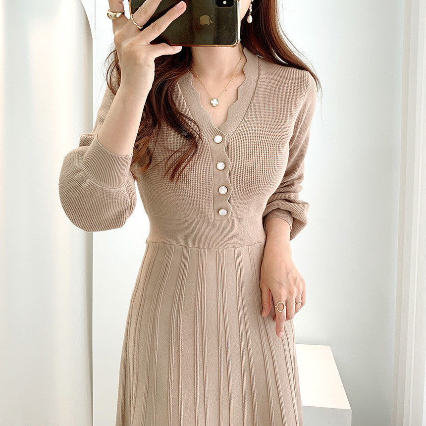 【Dress】早い者勝ち~3色展開気質レトロ長袖ニットワンピース W7811