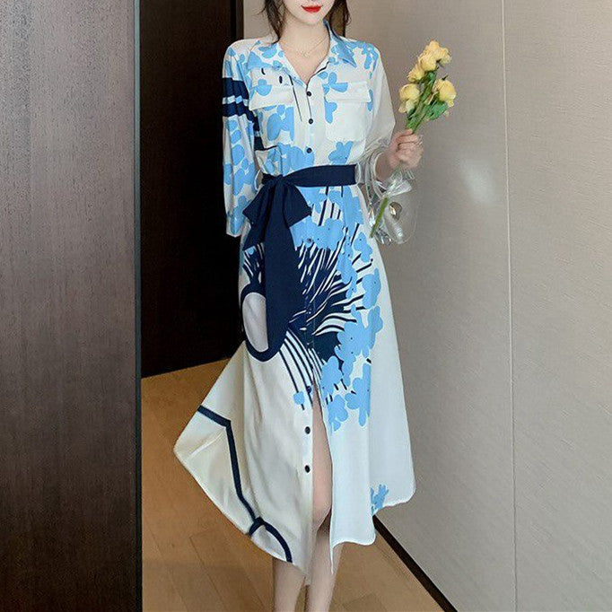 【Dress】フェミニン人気プリント知的長袖シャツワンピース W7725