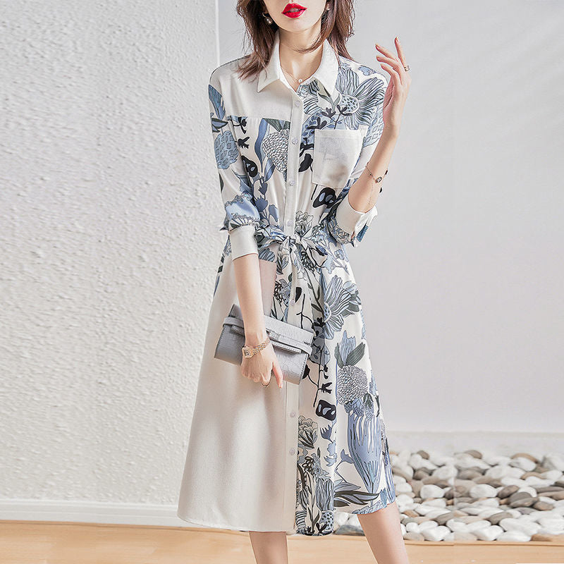 【Dress】オシャレ度満点~オフィスカジュアル春秋Aライン花柄シャツワンピース Z-4887