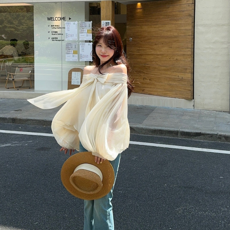 【Tops】リボン付きオフショルダーフリルシャツ T01854