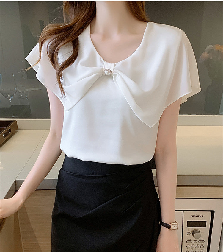 【Tops】新入荷~レディース定番Vネックエレガント半袖シャツブラウス W-5086