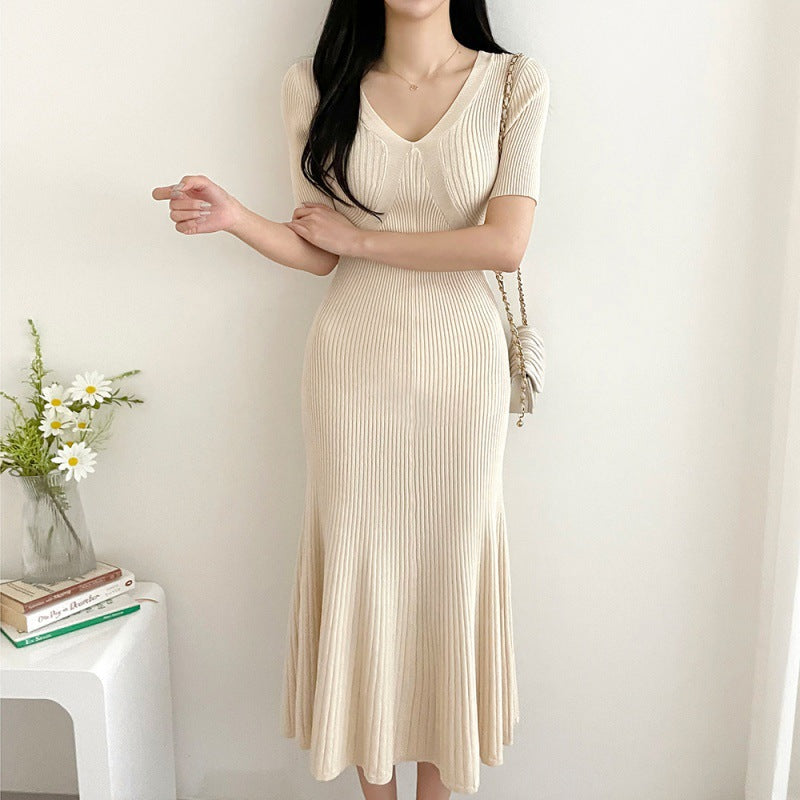 【Dress】大人シンプル無地vネック半袖マーメイドワンピース Z-5672