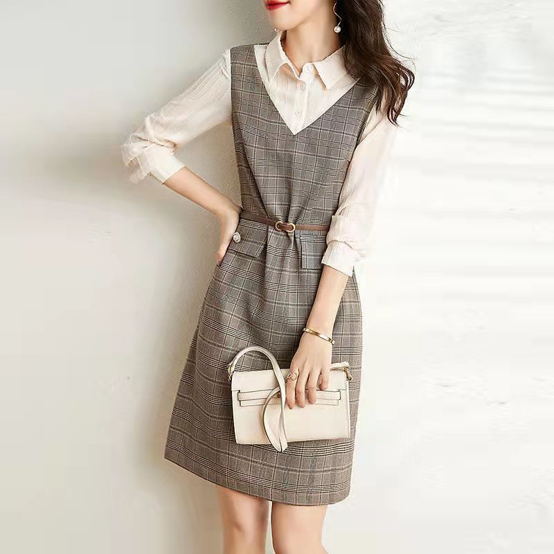 【Dress】チェック柄フェイクレイヤードワンピース W9326