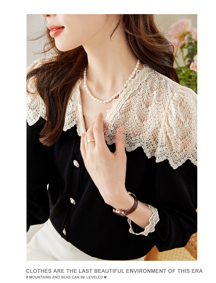 【Tops】レース切り替え長袖ブラウス W8131