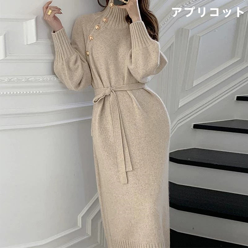 【Dress】新入荷~ボタンデザインニットワンピース W9487