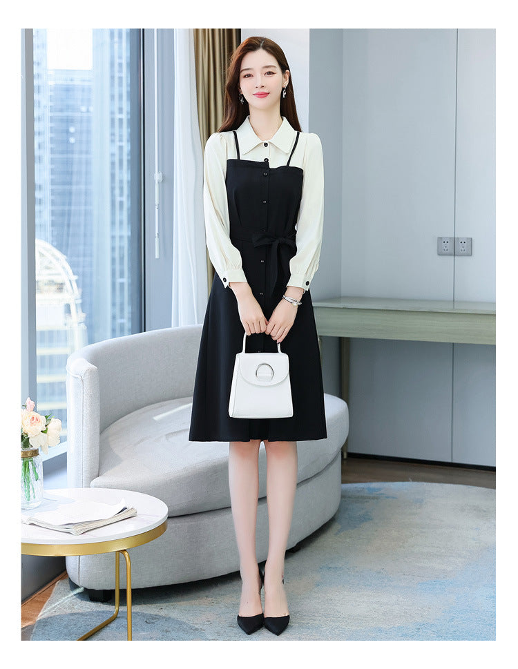 【Dress】フェイクレイヤードシャツワンピース W8162