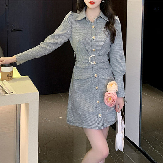 【Dress】チェック柄長袖シャツワンピース W8084