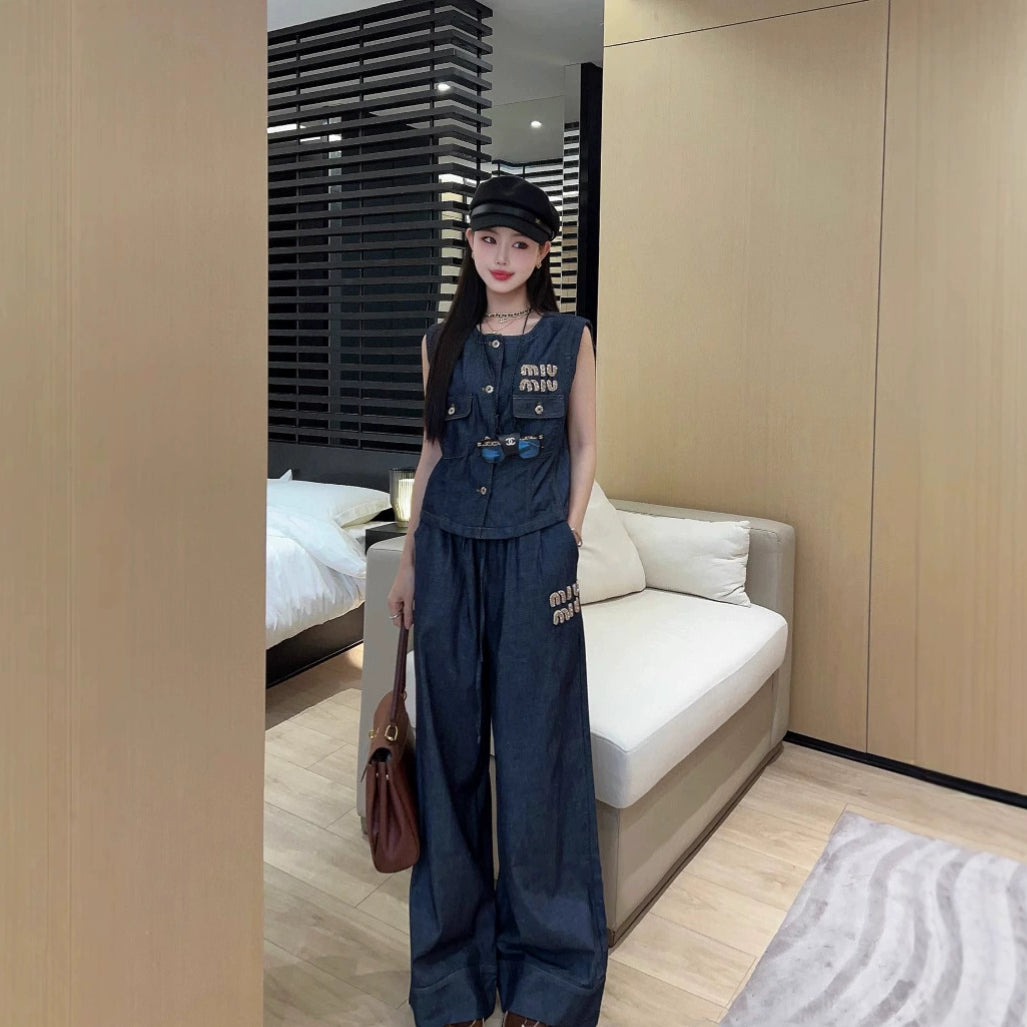 【Set】ビーズデニムスーツベスト+ストレートパンツセット T01480