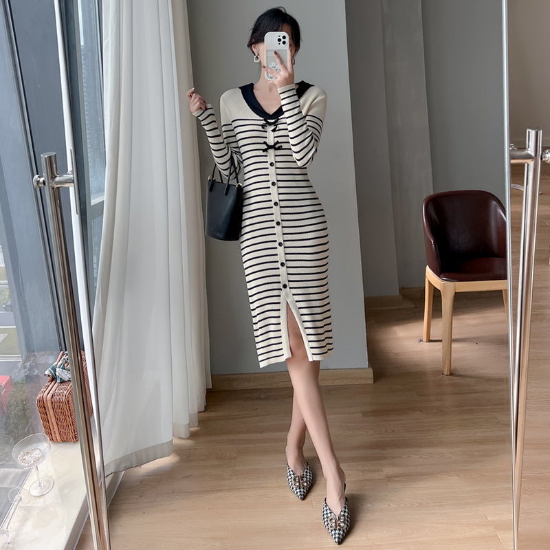 【Dress】ボーダー柄ネイビーカラーニットワンピース W8032