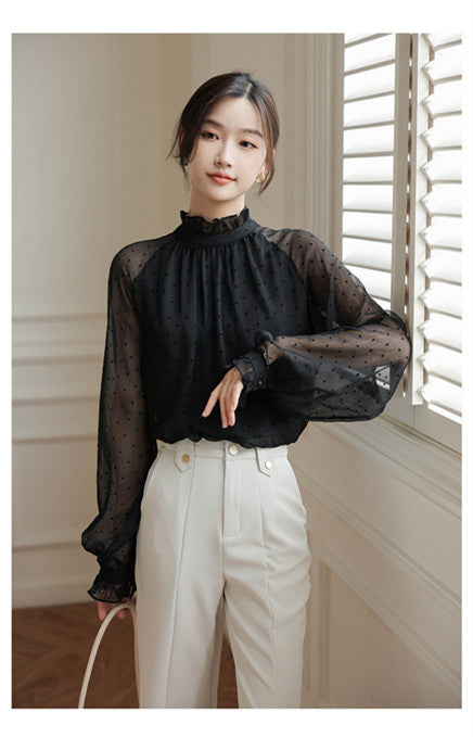 【Tops】オフィス透け感シャツ W14087