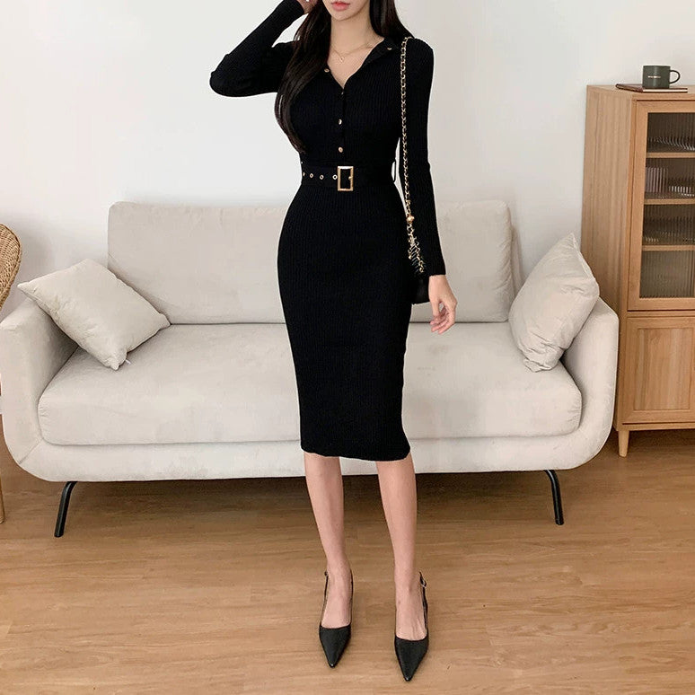 【Dress】リボンタイトニットワンピース W7968