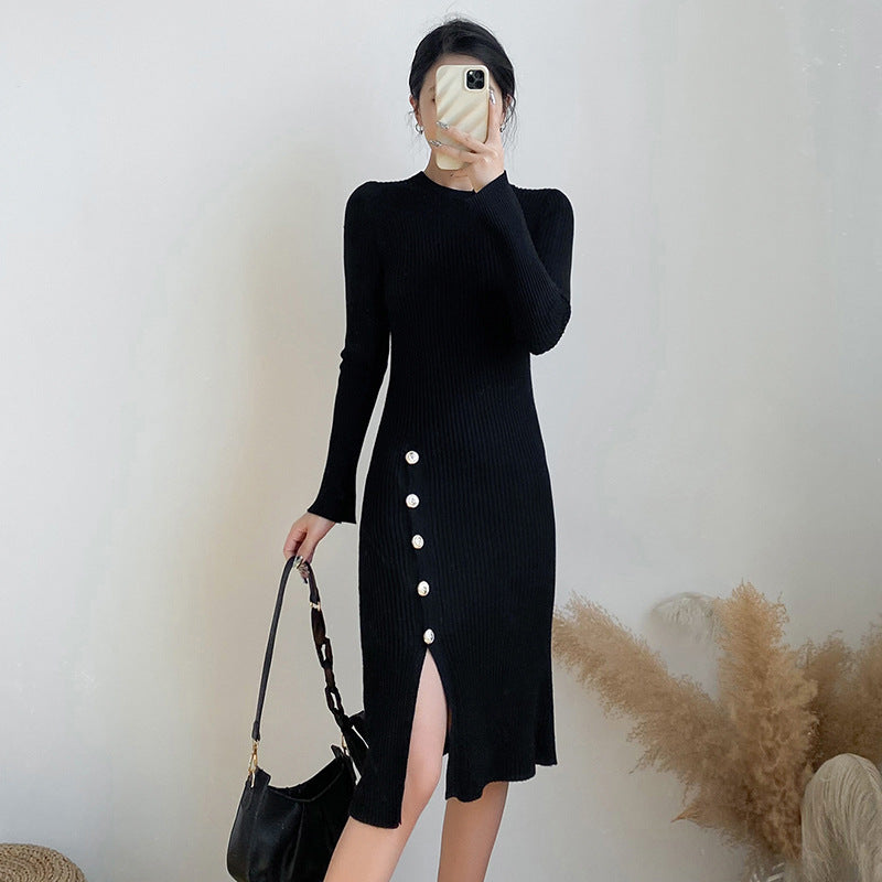【Dress】3色スリット入りニットワンピース W9714