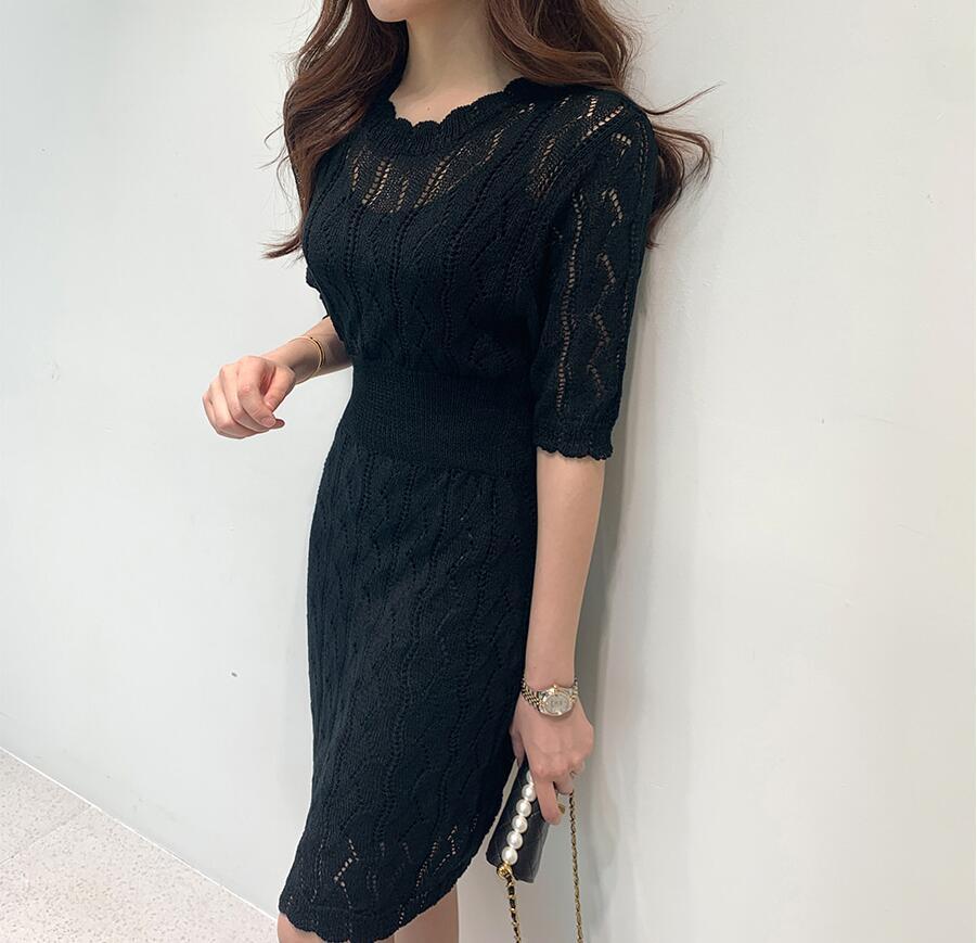 【Dress】2色展開~韓国ファッションins風Aライン半袖ニットワンピース着痩せ Z-5065