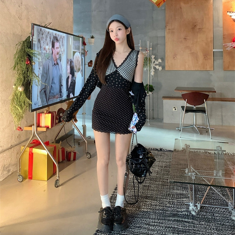 【Set】花柄カーディガン+切り替えワンピース2点セット T01360