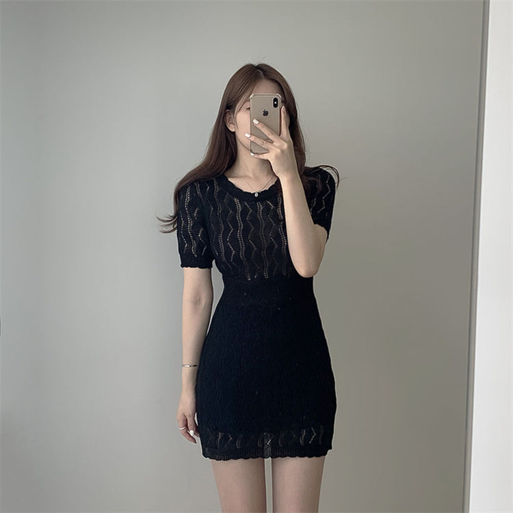 【Dress】2色展開~韓国ファッションins風Aライン半袖ニットワンピース着痩せ Z-5065
