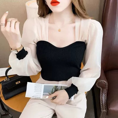【Tops】シフォン切替ブラウス W8404