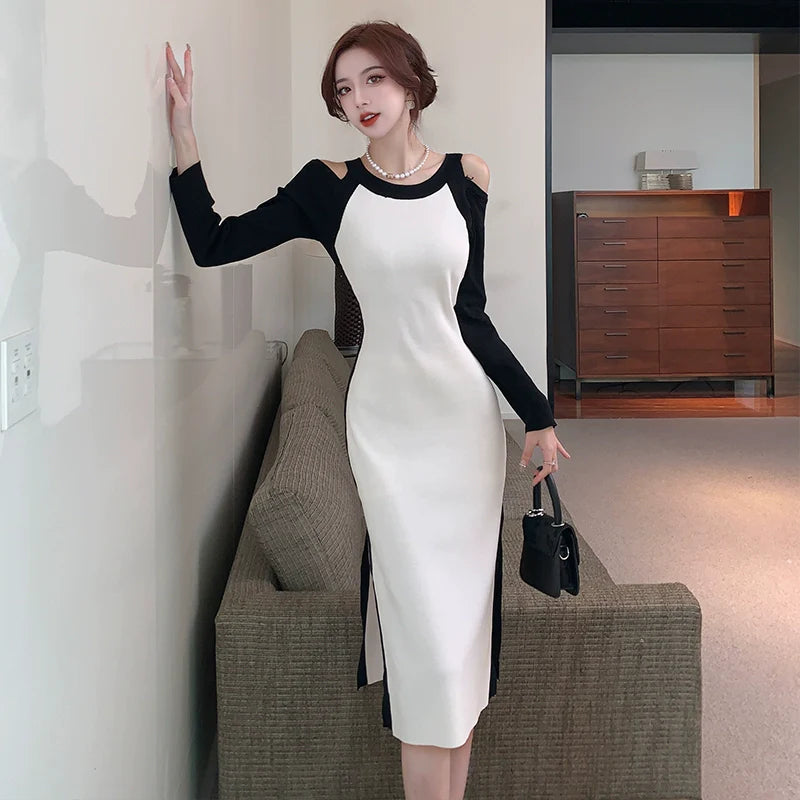 【Dress】肩見せ配色ニットワンピース W9284