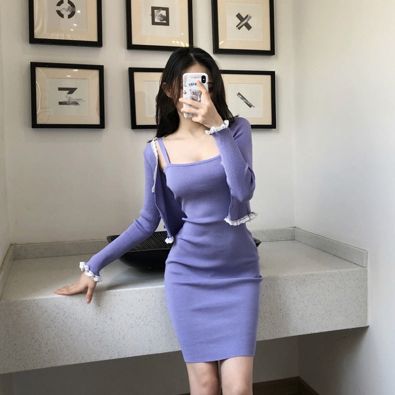 【Set】ニットセットカーディガン+キャミワンピ W10479