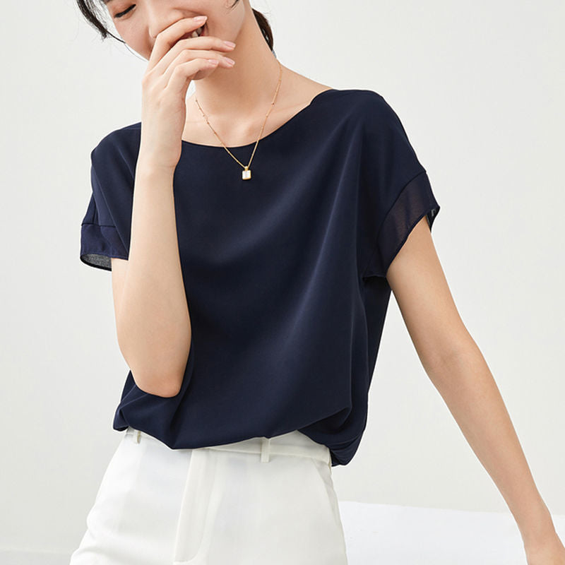 【Tops】大人シンプル無地クルーネック半袖シフォンブラウス Z-5585