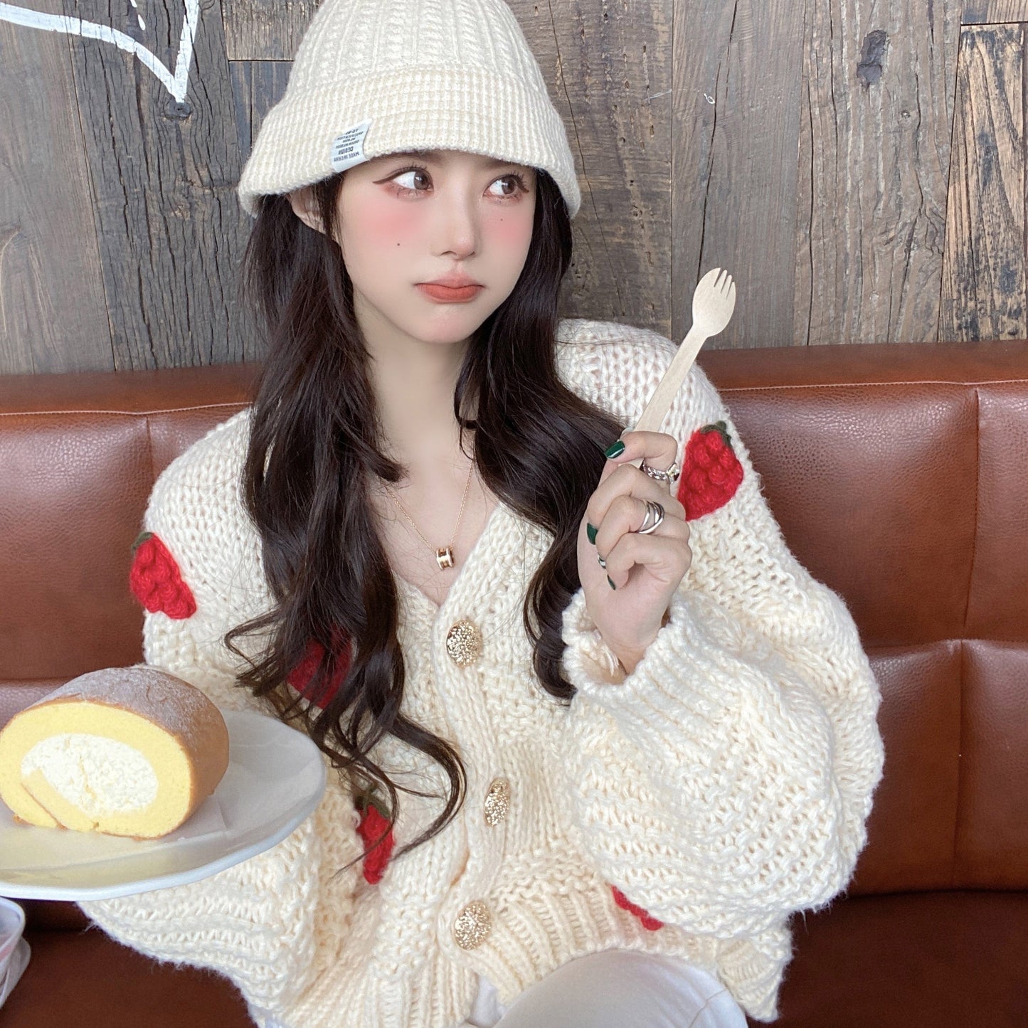 【Outer】大人可愛いレディーススウィート可愛い立体イチゴ🍓韓国系ニットカーディガンR-0598