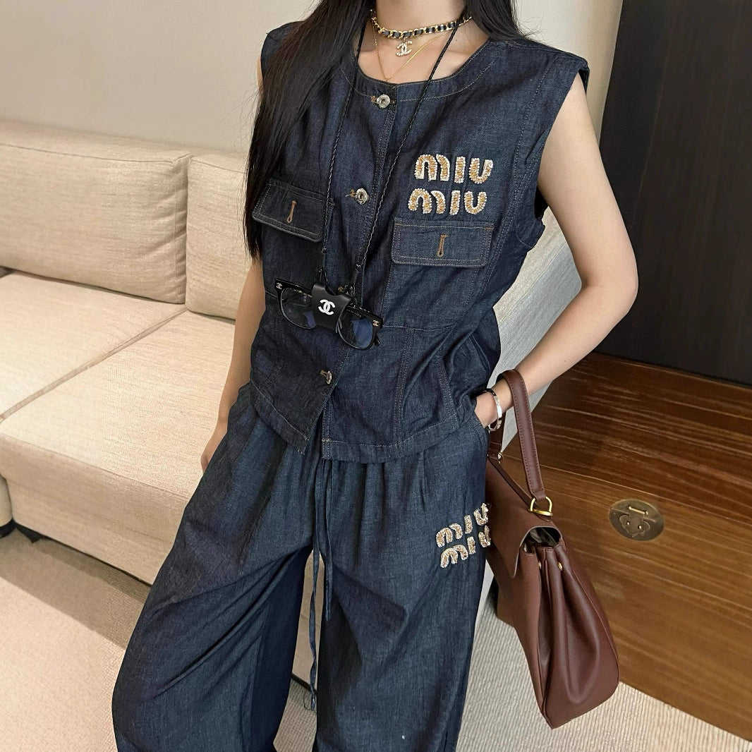 【Set】ビーズデニムスーツベスト+ストレートパンツセット T01480