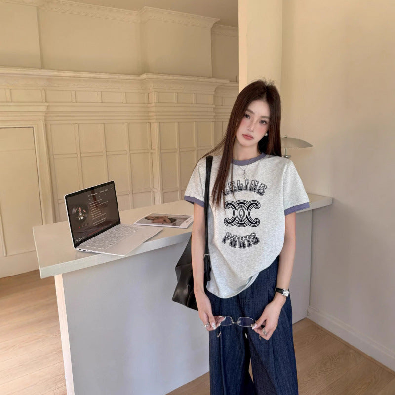 【Tops】ラウンドネック配色Tシャツ T01548