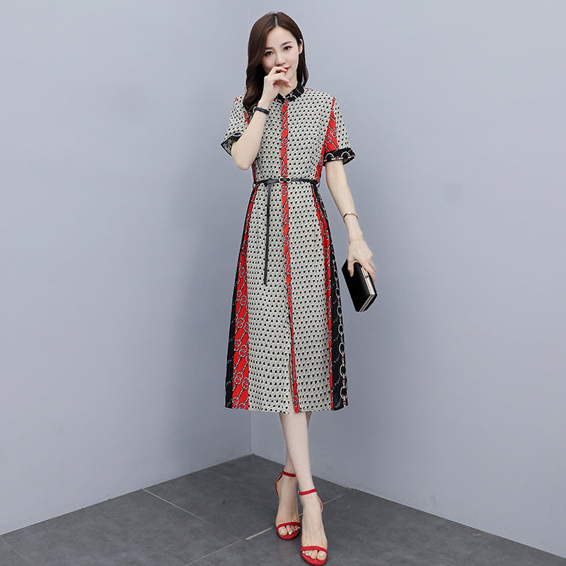 【Dress】人気爆発中~フェミニン半袖ロング丈配色薄い夏シャツワンピース W-6129