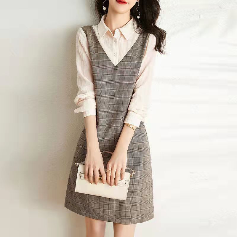 【Dress】チェック柄フェイクレイヤードワンピース W9326