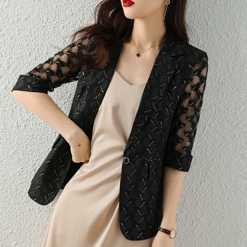 【Outer】オフィスカジュアル透け感Vネック春夏スーツジャケット Z-5522