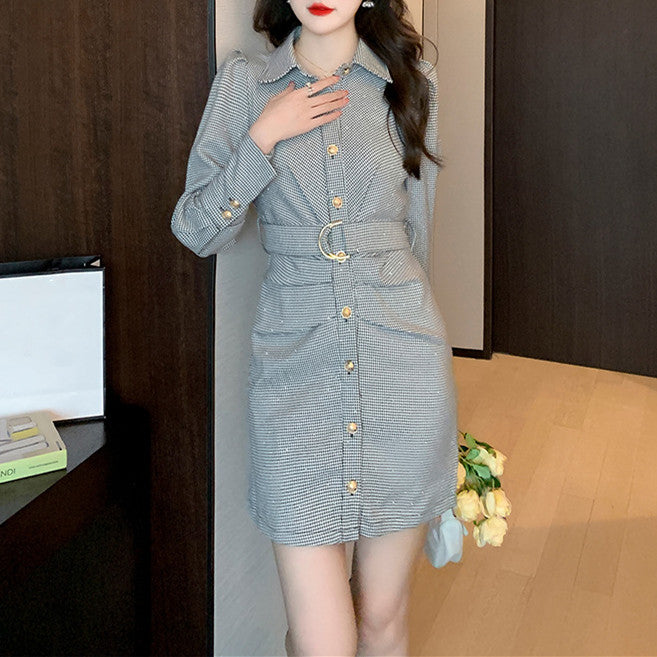 【Dress】チェック柄長袖シャツワンピース W8084