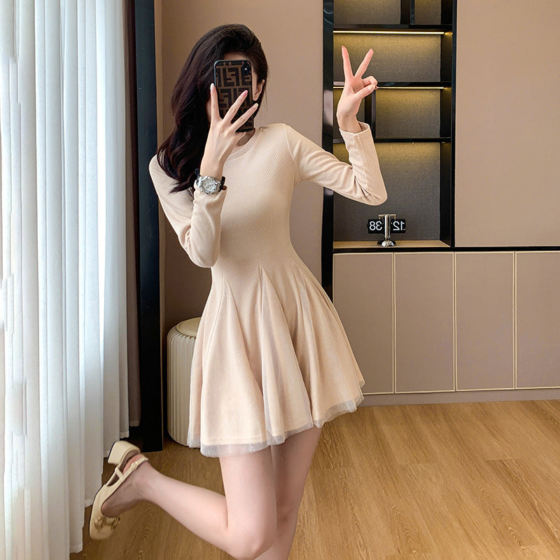 【Dress】チュール切替ニットワンピース W8214