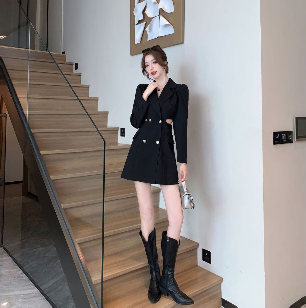 【Dress】ウエスト透かし彫りスーツワンピース Z8190