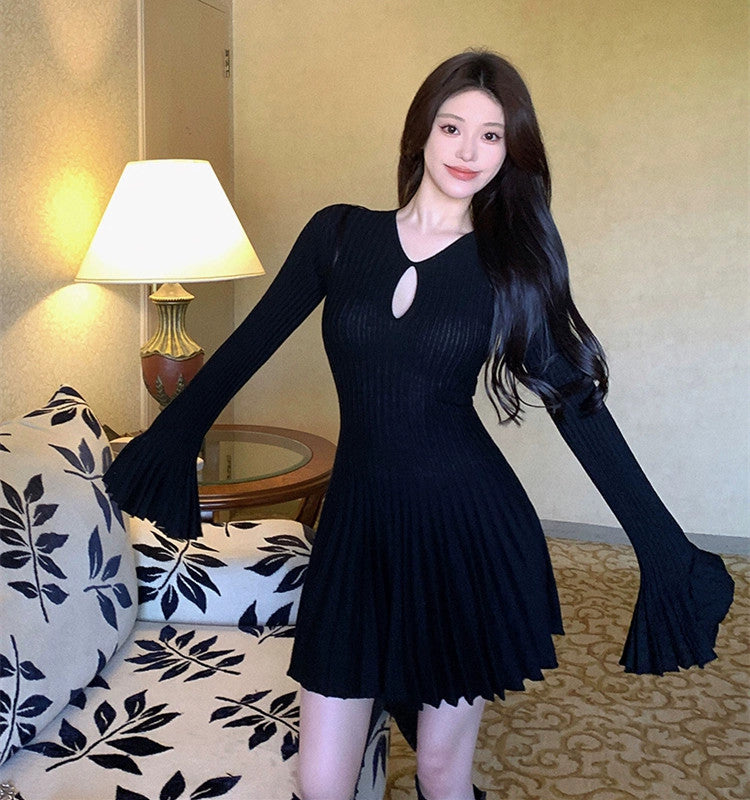 【Dress】トランペットスリーブニットワンピース W9315