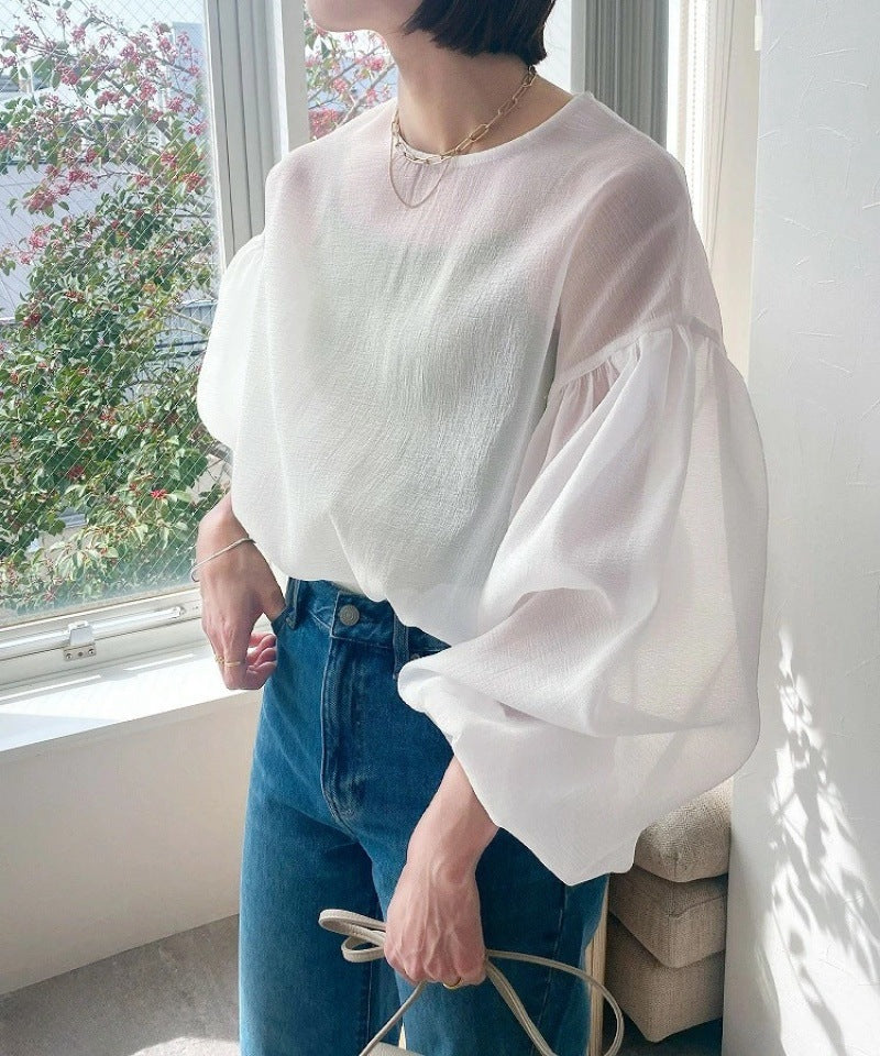 【Tops】2色展開透け感シャツ W11861