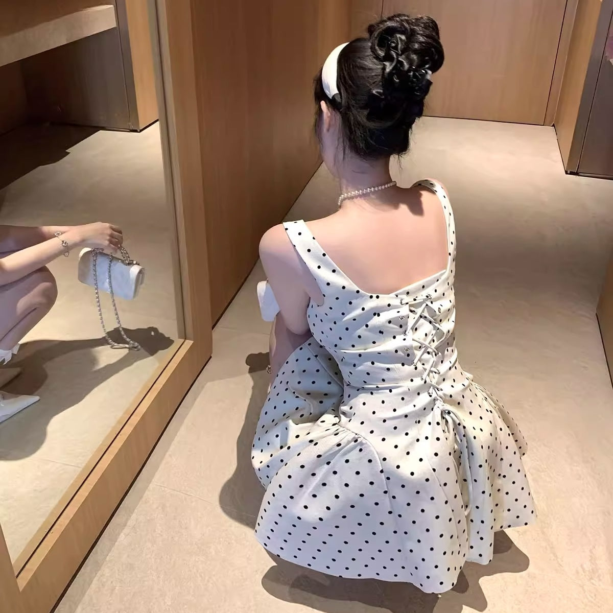 【Dress】ドット柄ミニワンピース T01375