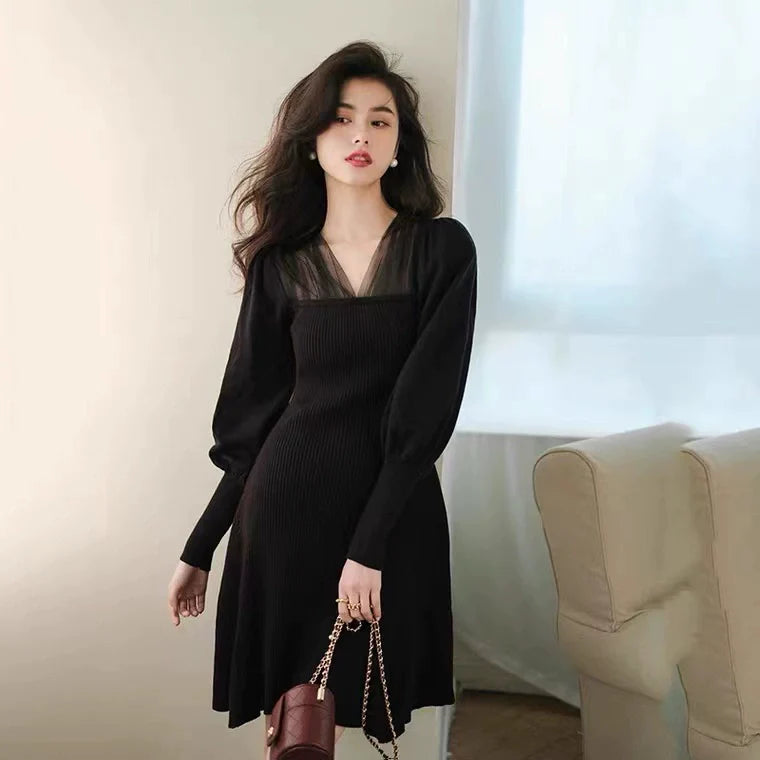 【Dress】チュール切替ニットワンピース W9680