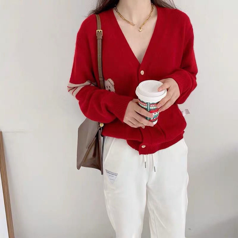 【Outer】4色選択可くま柄カーディガン W10481